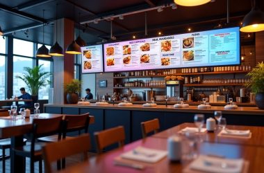 Digital menu system in a modern restaurant displaying food specials and real-time updates for improved efficiency.