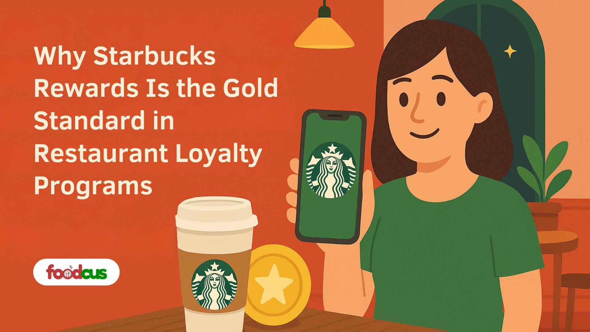Illustration of a woman holding a phone with the Starbucks app, showcasing the Starbucks Rewards loyalty program